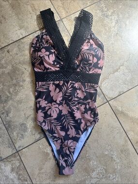 Black & Pink mauve Floral One-Piece Swimsuit with Crochet Detail